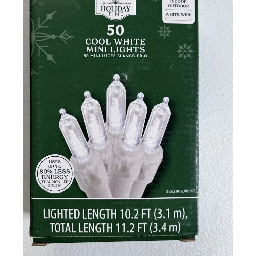 Holiday Time 50.Ct Cool White Mini LED Christmas Lights Strand White Wire NEW